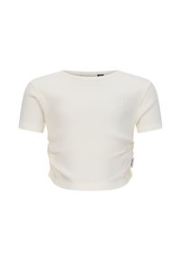 Top corto a maniche corte bianco a coste con scollo rotondo, lati arricciati e un accento logo discreto sul petto. Texture liscia e design aderente.