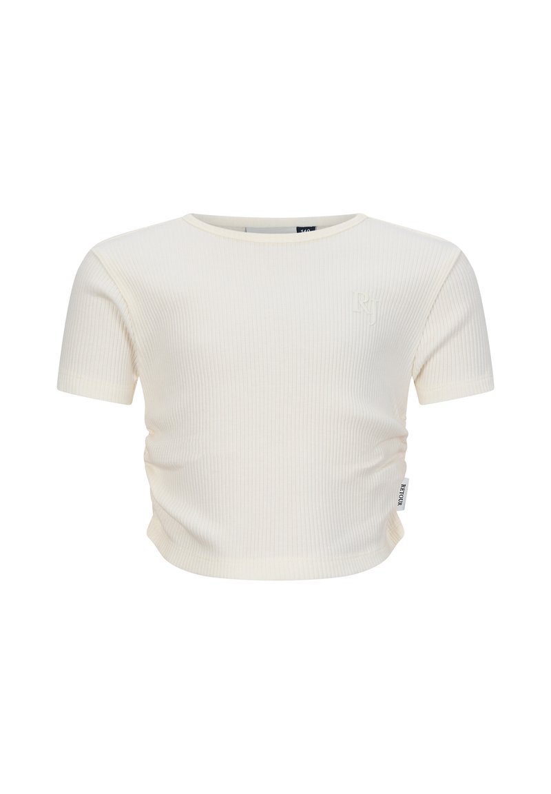 Top corto a maniche corte bianco a coste con scollo rotondo, lati arricciati e un accento logo discreto sul petto. Texture liscia e design aderente.