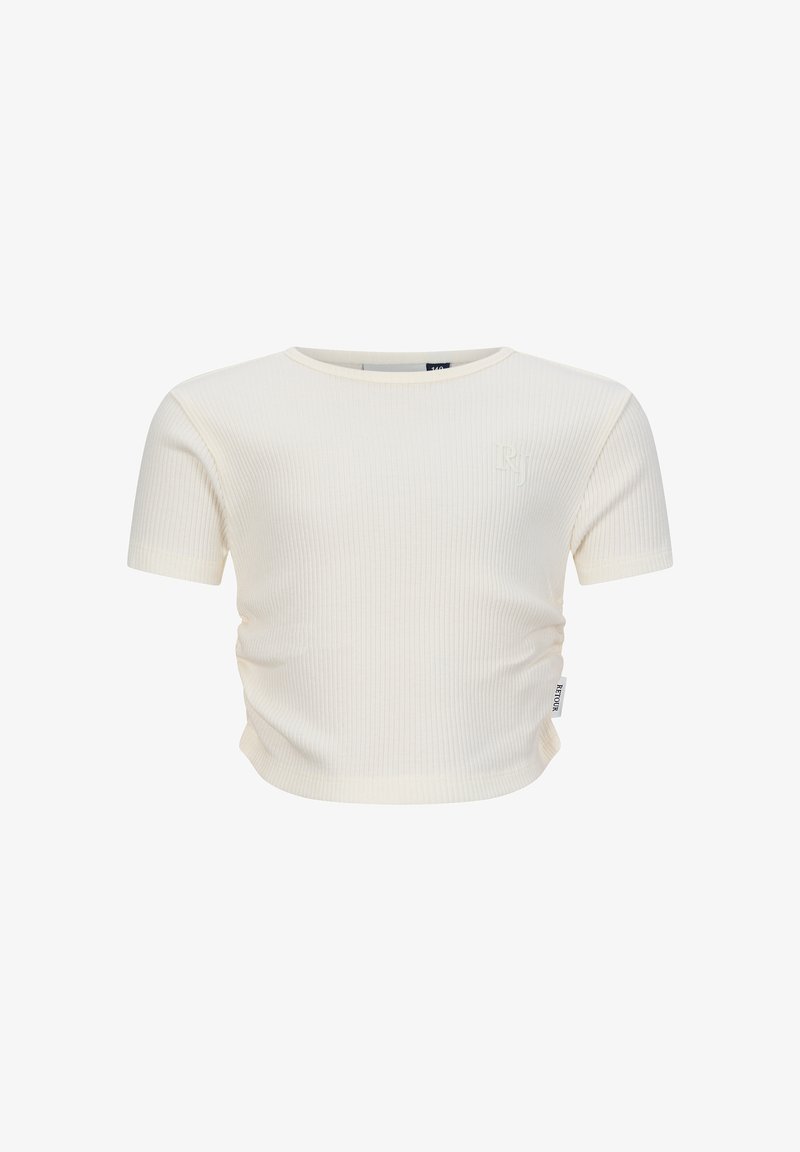 Top corto a maniche corte bianco a coste con scollo rotondo, lati arricciati e un accento logo discreto sul petto. Texture liscia e design aderente.