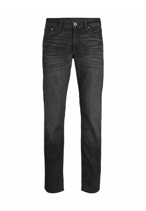 Dark gray denim jeans with a straight-leg design, featuring classic five-pocket styling, a zipper fly, and metal button closure.