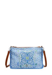 Borsa a tracolla blu con motivo floreale, tracolla in pelle marrone, chiusura a zip e bordi in tessuto testurizzato. Accenti decorativi blu e verdi.