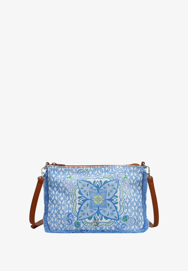 Borsa a tracolla blu con motivo floreale, tracolla in pelle marrone, chiusura a zip e bordi in tessuto testurizzato. Accenti decorativi blu e verdi.