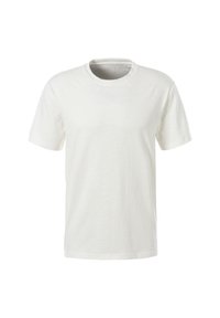 Kurzärmliges T-Shirt mit Rundhalsausschnitt in heller Cremefarbe. Hergestellt aus glattem Baumwollstoff mit lockerer Passform und minimalen Nähten.