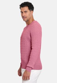 Suéter rosa de punto trenzado con puños y dobladillo de canalé, que presenta un patrón texturizado. Combina con pantalones blancos, usados por un modelo de perfil.