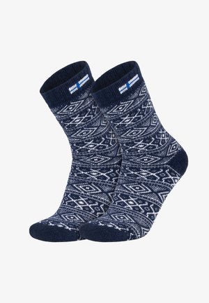 Marineblaue Socken mit weißem geometrischem Muster aus Rauten und Linien. Gerippter Bund; weicher, strukturierter Stoff.