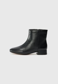 Sorte lær ankle boots med spiss tå, lav blokkhæl, jevn tekstur, og uten synlige lukkinger eller utsmykninger.