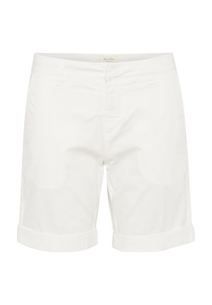 Shorts en coton blanc avec des manches retroussées, dotés d'un devant plat, de passants de ceinture et d'une fermeture éclair. Texture lisse, design minimaliste.