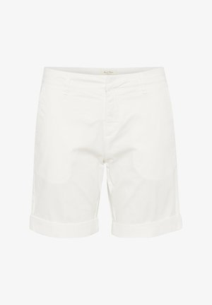 Bílé bavlněné šortky s ohrnutými manžetami, s plochým předním dílem, poutky na opasek a zipovým zapínáním. Hladká textura, minimalistický design.