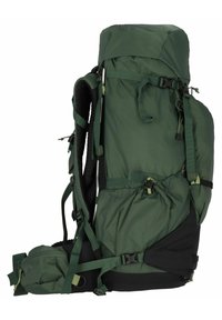 Sac à dos de randonnée en nylon vert avec des bretelles ajustables, plusieurs poches et un dessus à cordon de serrage. Présente un soutien dorsal renforcé et un compartiment latéral zippé.