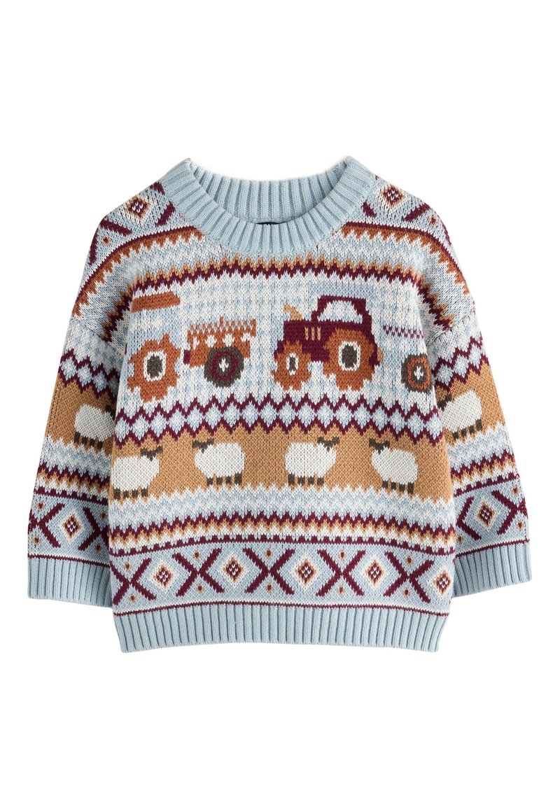 Vaaleansininen neulepaita, jossa on neulottu kuvio traktoreista ja lampaista. Korosteväreinä oranssi, viininpunainen ja beige; resorireunat kauluksessa ja hihansuissa.