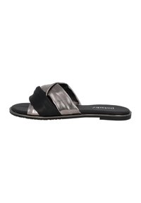 Black and metallic slide sandal with crossover straps. Textured footbed and smooth upper. Flexible sole. Low-profile design.