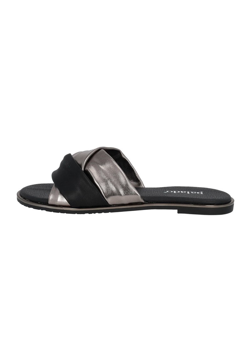 Black and metallic slide sandal with crossover straps. Textured footbed and smooth upper. Flexible sole. Low-profile design.