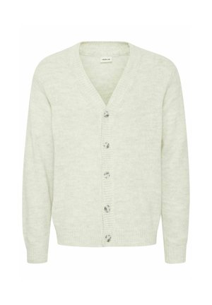 Cardigan verde deschis cu decolteu în V, realizat dintr-un material moale și texturat. Are șase nasturi pe partea din față și mansete și tiv cu dungi.