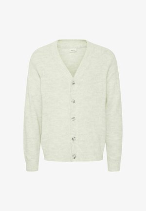 Cardigan verde deschis cu decolteu în V, realizat dintr-un material moale și texturat. Are șase nasturi pe partea din față și mansete și tiv cu dungi.