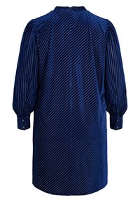 Robe en velours bleu marine à manches longues avec texture rayée diagonale, manches froncées et poignets boutonnés, vue de dos.