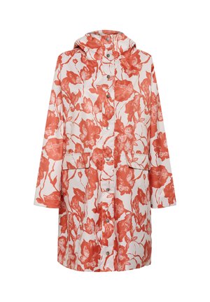 Floraler Regenmantel mit einem rot-weißen Muster, Kapuze, Knopfverschluss und zwei Fronttaschen. Hergestellt aus leichtem, wasserdichtem Stoff.