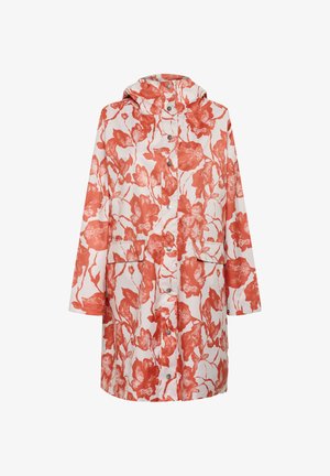 Kvetovaný pršiplášť s červeno-bielym vzorom, kapucňou, zapínaním na gombíky a dvoma prednými vreckami. Vyrobený z ľahkej nepremokavej látky.