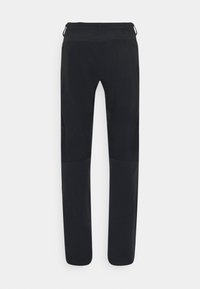 Pantaloni negri cu o formă dreaptă, bretele elastice și pachete la genunchi întărite. Construiti dintr-un material durabil cu o textură netedă.