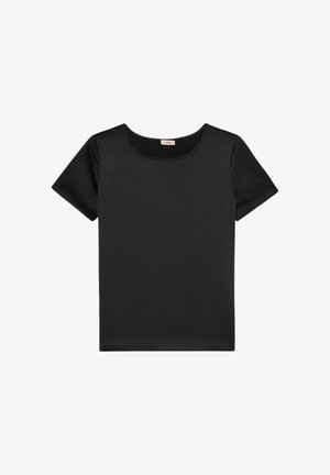 Zwarte t-shirt met korte mouwen van soepel stof, met een ronde halslijn en een relaxte pasvorm, zonder patronen of versieringen.