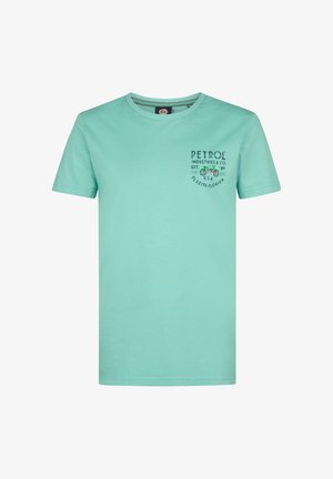 Mintgrøn bomulds t-shirt med korte ærmer, rund halsudskæring og frontgrafik med en cykel og tekst i sort.