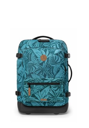 Valise cabine à roulettes bleu sarcelle et bleu avec motif de feuilles tropicales, poche avant zippée, fond noir et poignée de transport supérieure.