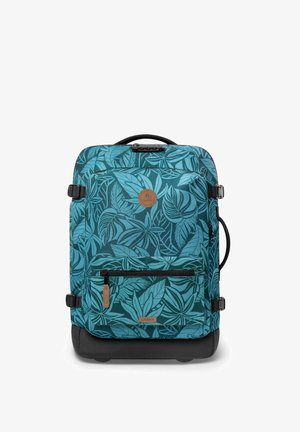 Valise cabine à roulettes bleu sarcelle et bleu avec motif de feuilles tropicales, poche avant zippée, fond noir et poignée de transport supérieure.