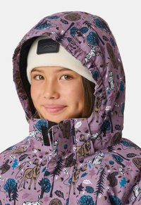 Paarse jas met dieren- en boompatronen; heeft een verstelbare capuchon en een ritssluiting aan de voorkant. Bevat een lichtgekleurde muts eronder.