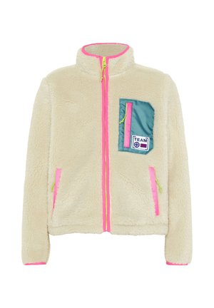 Cream fleece jacket with neon pink trim, a teal chest pocket with pink detail, zipper closure, and "TEAM" patch on the pocket.