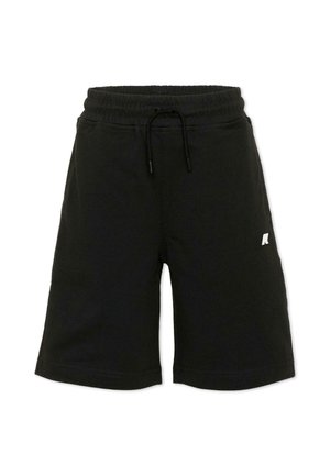 Shorts noirs à hauteur du genou avec une taille élastique, un cordon, des poches latérales et un petit logo blanc sur la jambe droite.