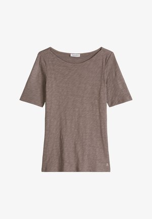 Korte mouwen, bruin gemêleerd T-shirt met ronde hals en een klein "M OP"-logo vlakbij de onderzoom.