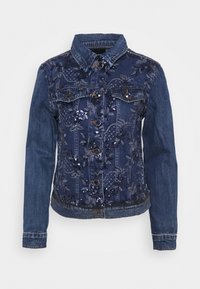 Jeansowa kurtka, ciemnoniebieska, ozdobiona cekinami i haftami kwiatowymi z przodu, z kołnierzykiem, zapięciem na guziki oraz dwiema kieszeniami na piersi.