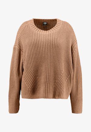 Gebreide trui in een warme beige kleur, met een losse pasvorm, brede hals, gestructureerd patroon en lange mouwen met ribboorden.