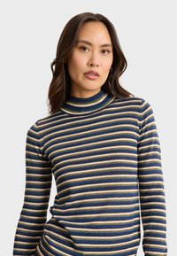 Gestreifter Rollkragenpullover in Blau, Beige und Metallic-Gold mit langen Ärmeln. Verfügt über ein tailliertes Design und eine gerippte Textur.