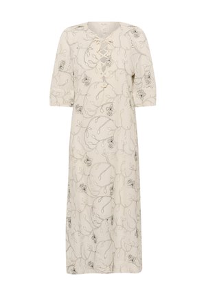 Rochie din in cu decolteu cu șireturi, mâneci scurte și broderie florală în negru pe un fond alb-crem; de lungime medie și croială lejeră.