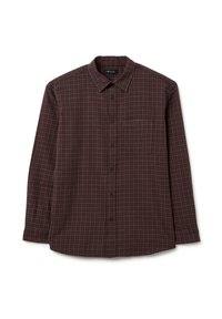 Camicia a maniche lunghe, a quadri bordeaux, con colletto a bottoni, taschino sul petto e bottoni neri. Realizzata in un tessuto morbido con una consistenza liscia.