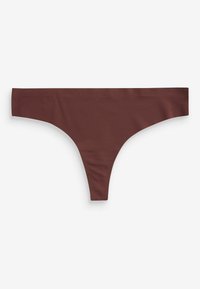 Sous-vêtement marron sans couture de style string, posé à plat sur fond blanc, montrant un devant étroit et une ceinture plus large.