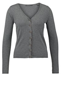 Cardigan gris de manga larga con escote en V y cierre de botones. Presenta una tela de punto texturizada y cuatro botones en tono bronce a lo largo del frente.