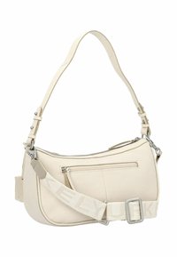 Borsa in pelle beige dal design curvo, con due tasche con zip e una finitura testurizzata. Presenta una tracolla regolabile e dettagli in metallo argentato.