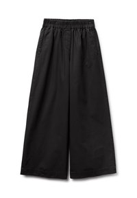 Zwarte wijde broek van lichtgewicht stof, met een elastische taille, zijzakken en een gladde textuur.