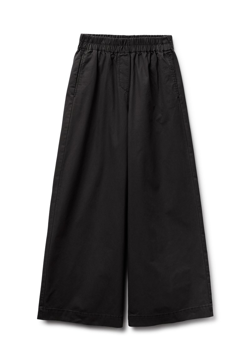 Zwarte wijde broek van lichtgewicht stof, met een elastische taille, zijzakken en een gladde textuur.