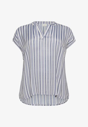 Bluzica s kratkim rukavima u svijetloplavim i bijelim okomitim prugama, s V-izrezom i zaobljenim rubom koji je malo duži straga.