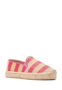 Espadrilles met een geweven strooien bovenwerk in roze en beige strepen, roze accenten en een gevlochten juten zool. Gesloten achterkant.