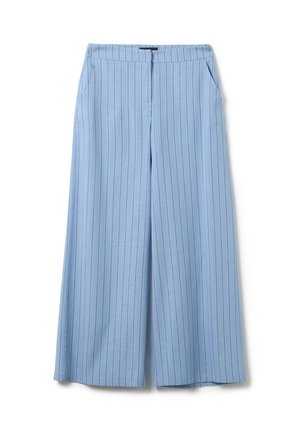 Light blue wide-leg trousers with vertical white stripes, made of smooth fabric, featuring a waistband and side pockets.
