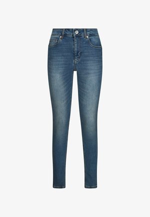 Slim-Fit Jeans aus blauem Denim mit Verblassung an den Oberschenkeln, vorderem Knopfverschluss, Gürtelschlaufen und Fünf-Taschen-Design.