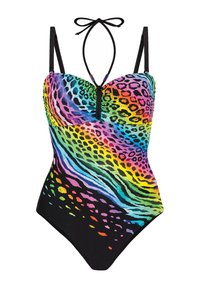 Kolorowy jednoczęściowy strój kąpielowy z mieszanką wzorów lamparta i zebry. Materiał jest gładki z czarnym dołem. Regulowany wiązany na szyi.
