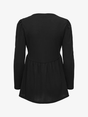 Must pikkade varrukatega pluus, millel on kogutud vöökoht ja veidi padjanditega õlad, nähtud tagant valgel taustal.