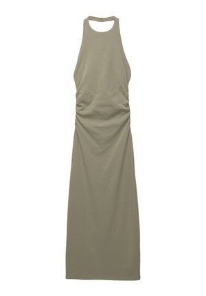 Helles olivengrünes, ärmelloses Maxikleid aus weichem Stoff, mit gerafften Details an den Seiten und einem runden Ausschnitt.