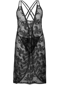 Zwart kanten lingerie met bloemmotieven, een V-hals en gekruiste banden. Inclusief een bijpassende slip met lintdetails.