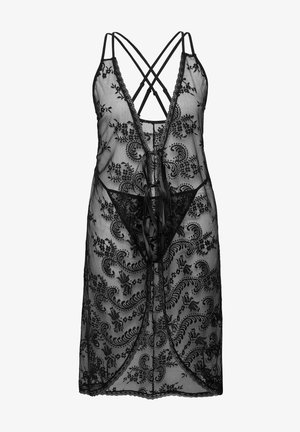 Schwarze Spitzenunterwäsche mit floralem Muster, V-Ausschnitt und überkreuzten Trägern. Enthält einen passenden Slip mit Ripsbanddetails.