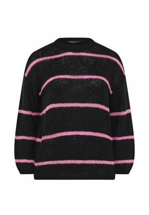 Musta neulepaita, jossa on vaaleanpunaisia vaakastriippejä, pyöreä kaula-aukko ja löysät hihat. Kankaan rakenne on avoneuleinen ja malli on rento.